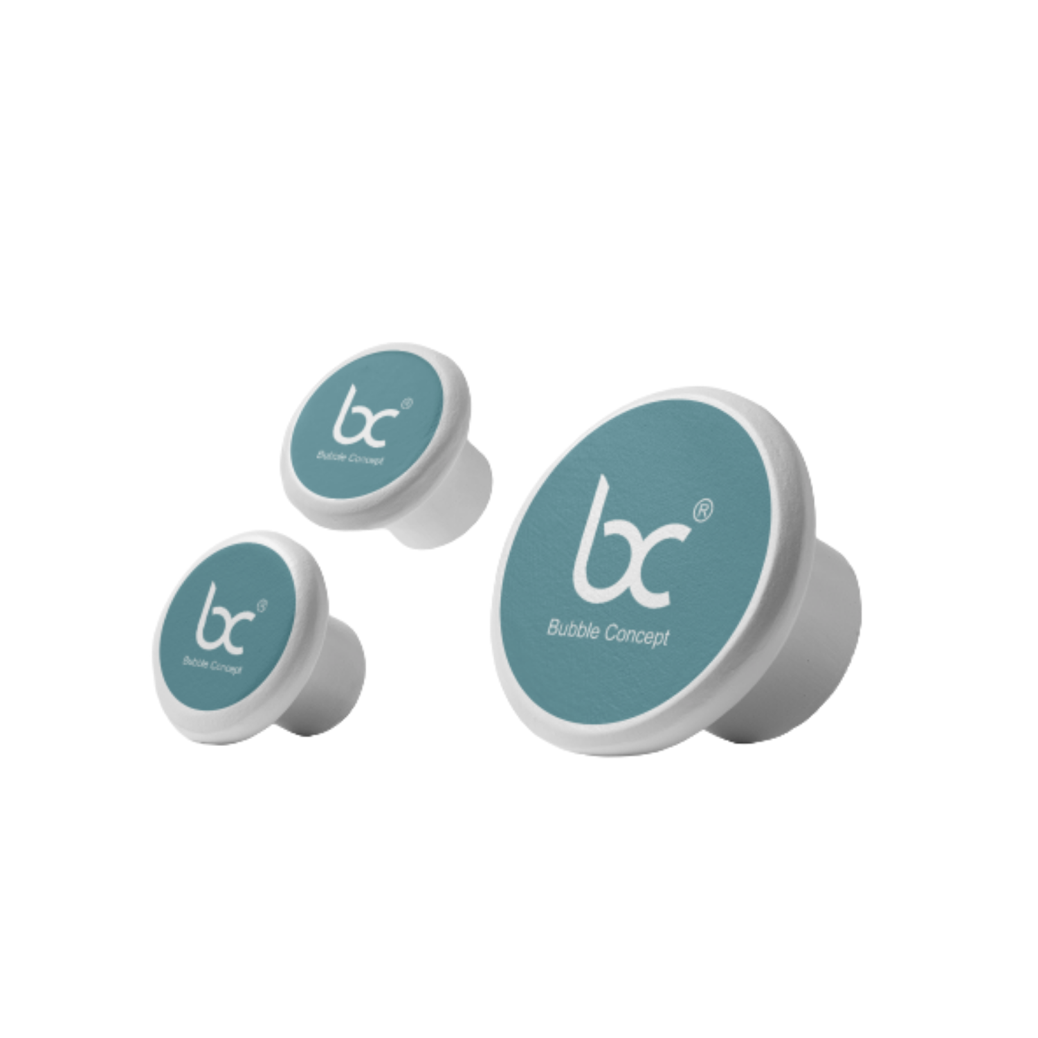 Drei 3d erstellte Knöpfe mit Bubble Concept Logo