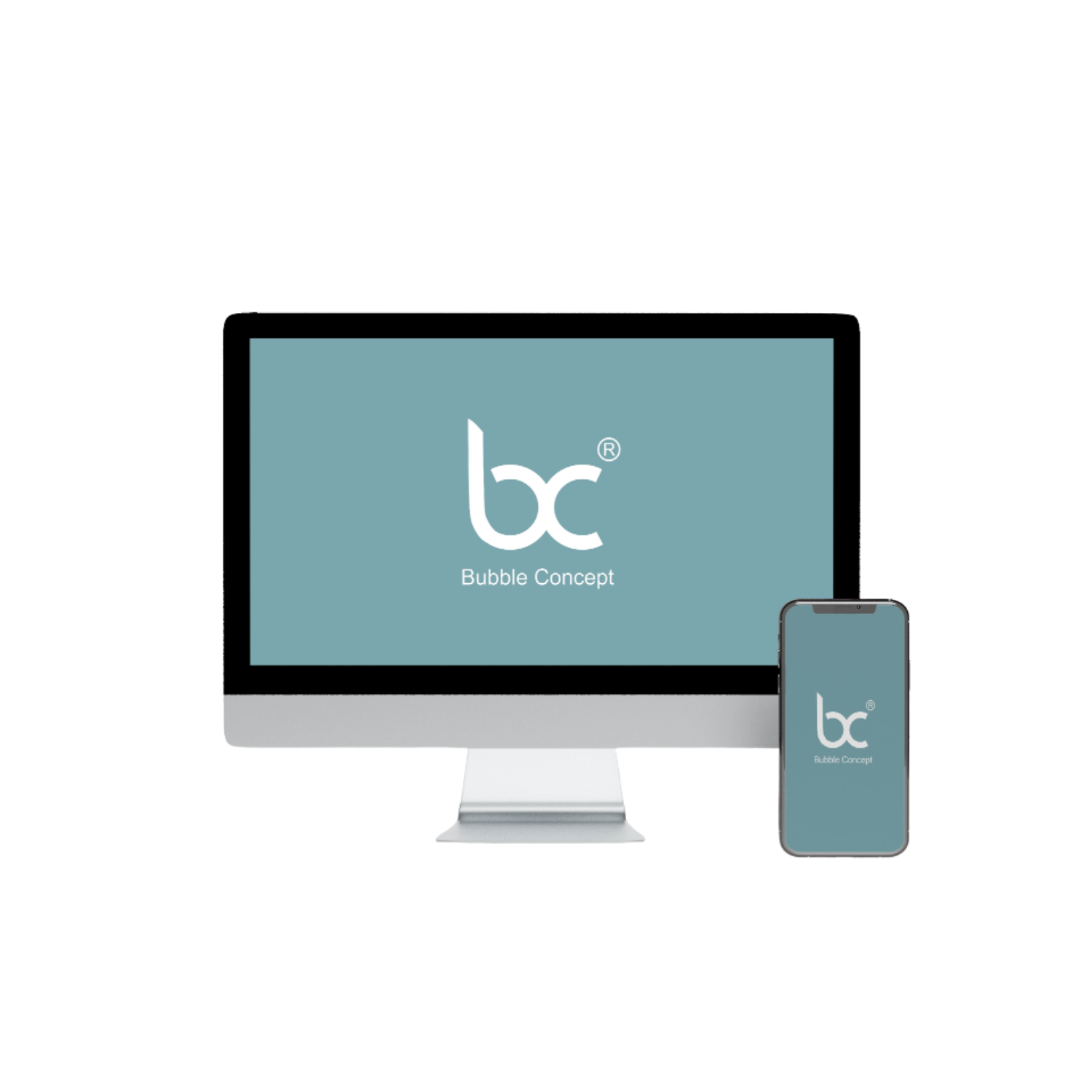 Ein Bild von einem großen Bildschirm mit Bubble Concept Logo und einem Smartphone daneben, ebenfalls mit dem Bubble Concept Logo