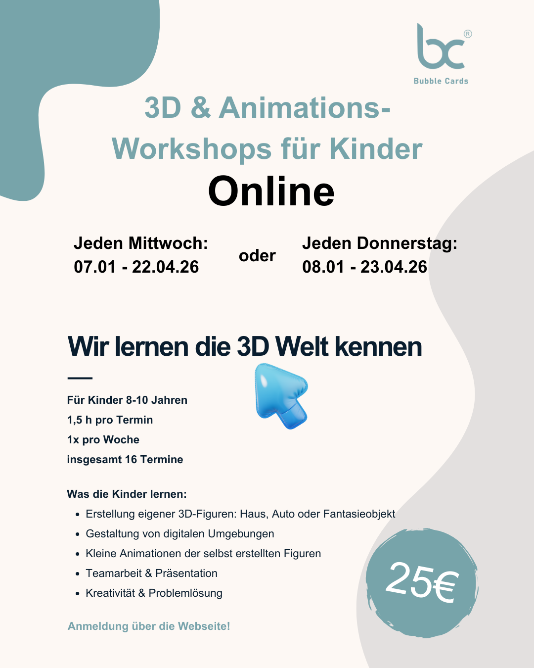 3D & Animations-Workshops für Kinder ONLINE - Mittwoch oder Donnerstag