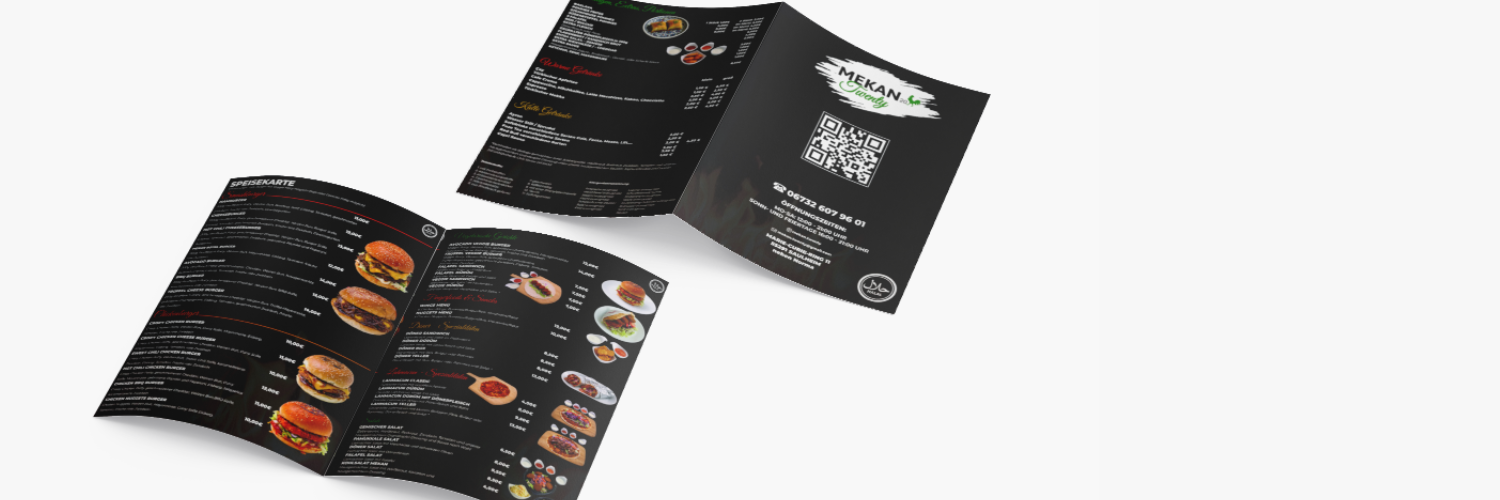 Ein Bild von einem Einbruchfalzflyer Rückenseite und Innenseite von Mekan Twenty, einem Burgerladen . Auf dem Flyer sind Burger abgebildet und die Preisliste.