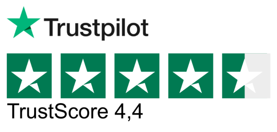Trustpilot Logo und 4,5 volle Sterne mit 4,4 Trustcore text